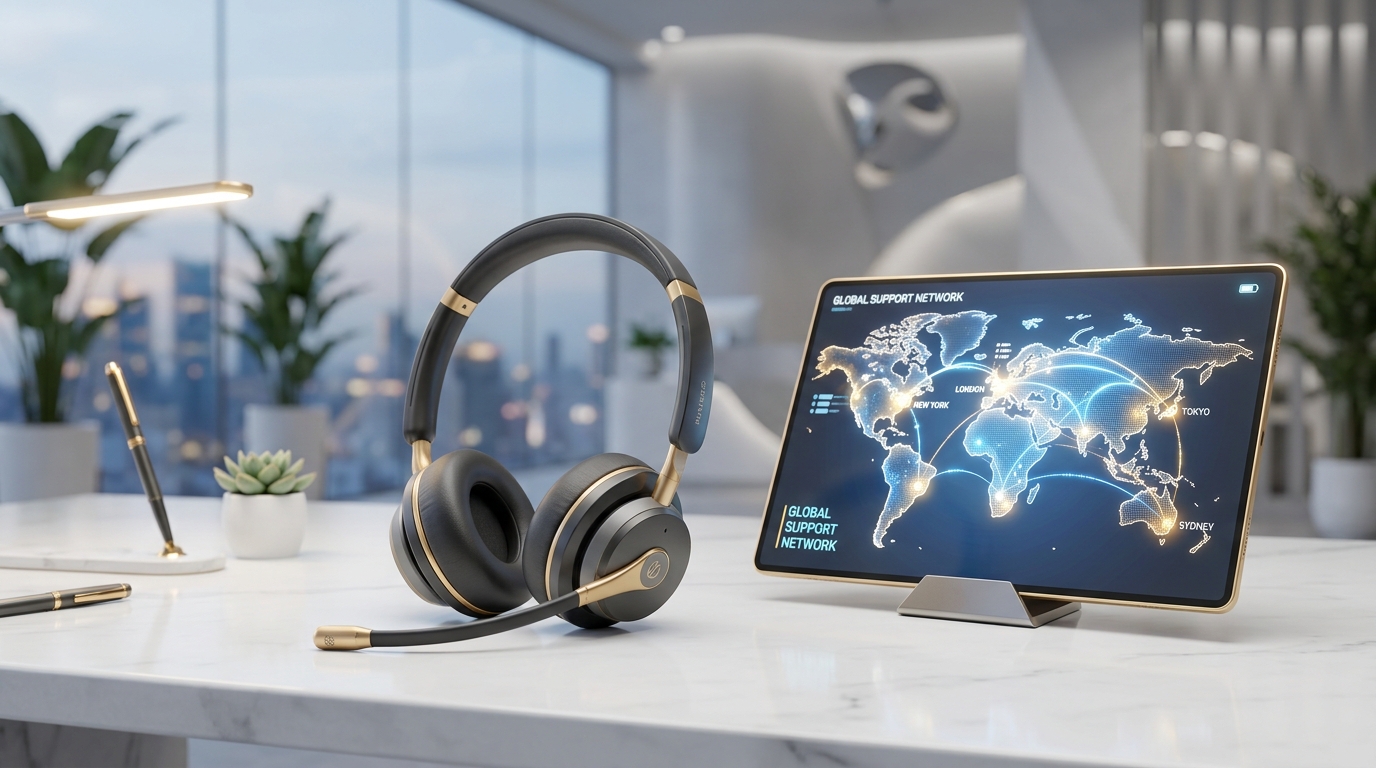 3D minimalist illustration of customer support headset and global map